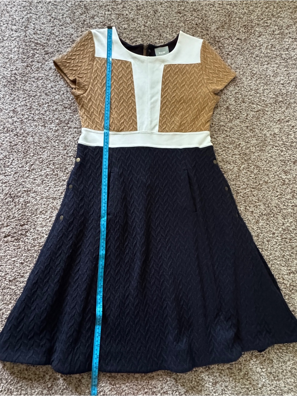 Anthropologie Maeve Cabled Colorblock Fit Flare Dress Pockets Navy 10 - Picture 15 of 16